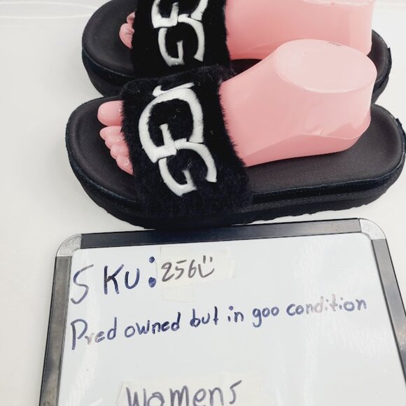 UGG Women's Black White Laton Trim Fur Slip-On Casual Slide Sandal Size 10 - Picture 7 of 7